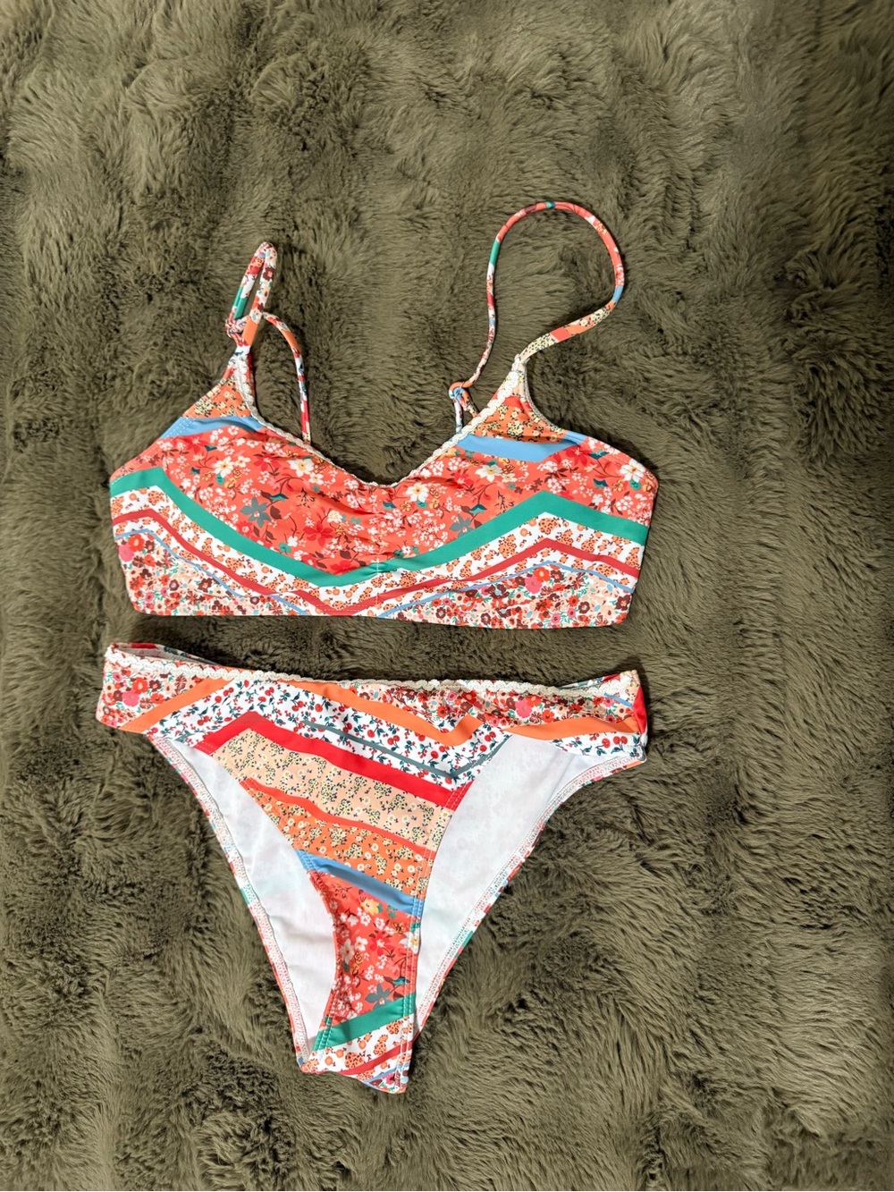 Floral Stripe Coral Bikini Set - Women Intimates & Sleepwear
